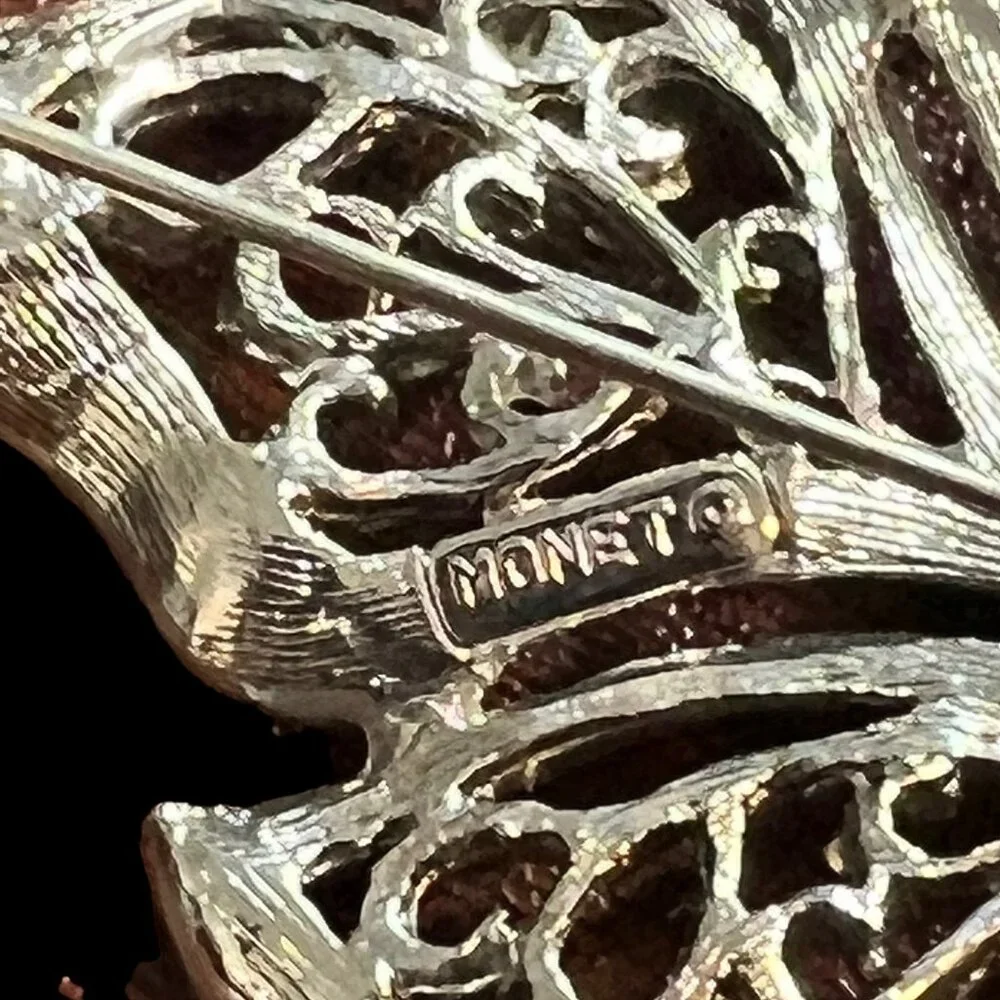 Monet Brooch Leave Brushed‎ Silver Tone Filigree Swirl Vintage Pin